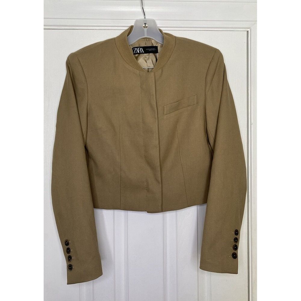 Zara Women's Cropped Ribbed‎ Collar Jacket Taupe Brown XS New